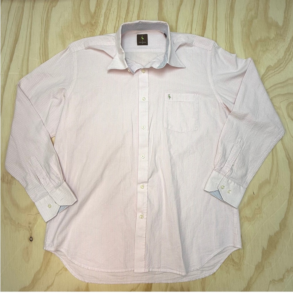 Tailorbyrd Mens XL Pink White Striped Seersucker Button Down Shirt Flamingo Logo